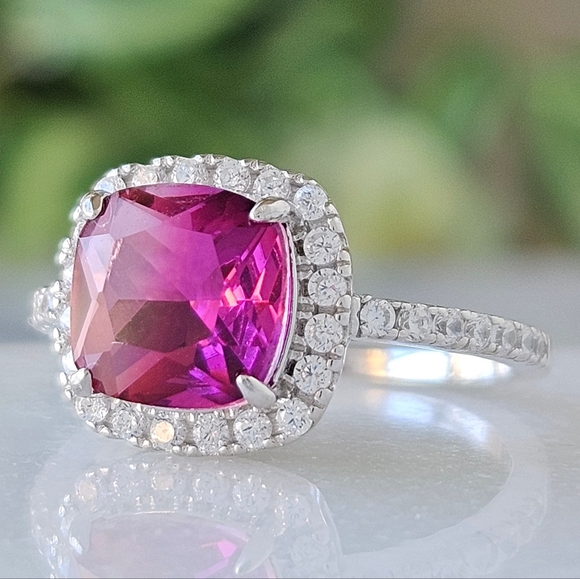 Pink Topaz Cushion Square Gemstone Ring, 925 Sterling Silver Charmed Aroma - Picture 1 of 9